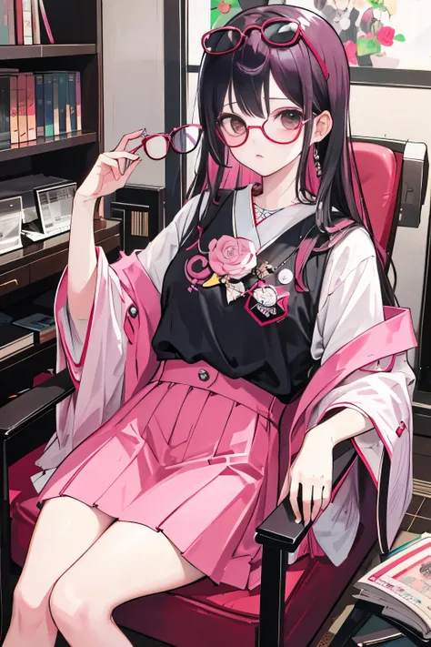 Japanese woman sitting on chair，wearing glasses on face, sunglasses, wear glasses, Urzan, woman wearing rose colored glasses, Lumrat Currency, Wearing thin and big round glasses, wearing pink glasses, Wearing small round glasses, Portrait of Keith Blackpin...