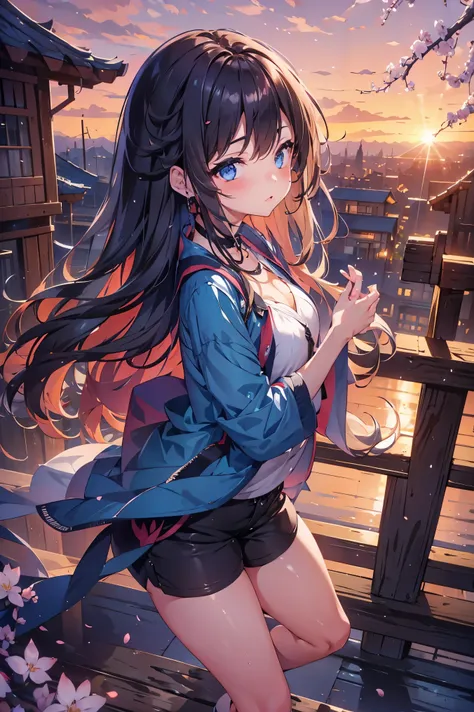 1 female、whole body、bottom angle、brown hair、long hair、well-groomed face、dense lips、blue eyes、blue cardigan、valley、slim、black shorts、cherry blossoms、cherry blossoms吹雪、petal、hot spring town、old buildings、sunset、masterpiece、ultra high resolution、delicate、perf...