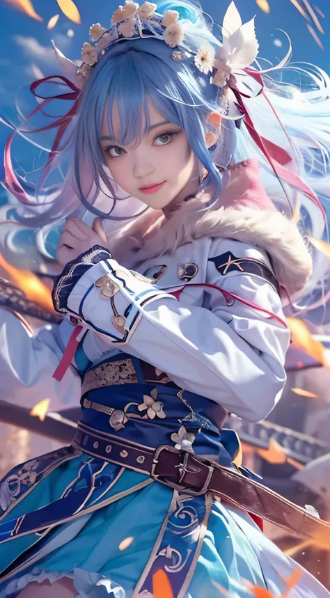 RAW image quality, 1 girl, 15 years old, Japanese, On the Stormy Battlefield, A woman wearing a blue and white lolita costume、Wield a weapon infused with the power of the Fire Element.(( lightning danced next to her)), Reflecting the strength of her determ...