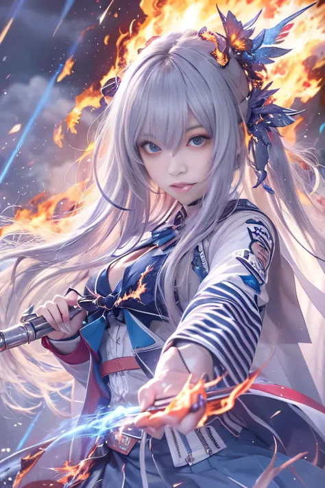 RAW image quality, 1 girl, 15 years old, Japanese, On the Stormy Battlefield, A woman wearing a blue and white lolita costume、Wield a weapon infused with the power of the Fire Element.(( lightning danced next to her)), Reflecting the strength of her determ...