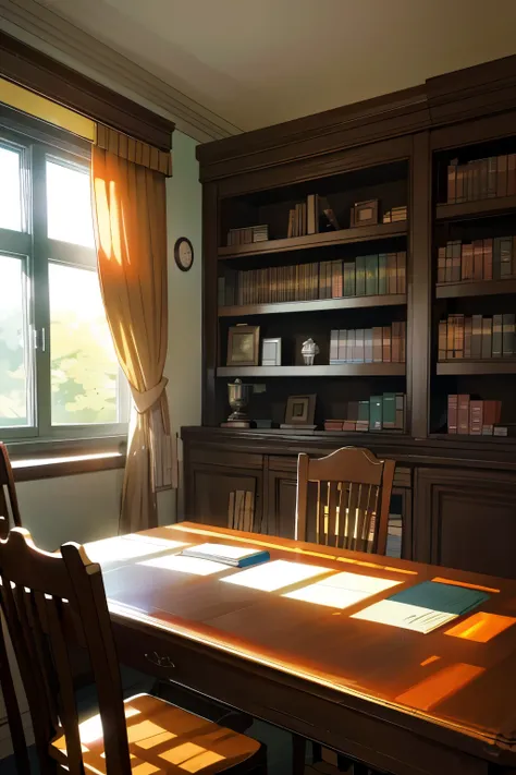 In the school principals room, there is a table with a chair placed neatly by the window. The room is adorned with a book shelf filled to the brim with various academic texts and reference materials. A brass trophy, gleaming under the soft light, sits prou...