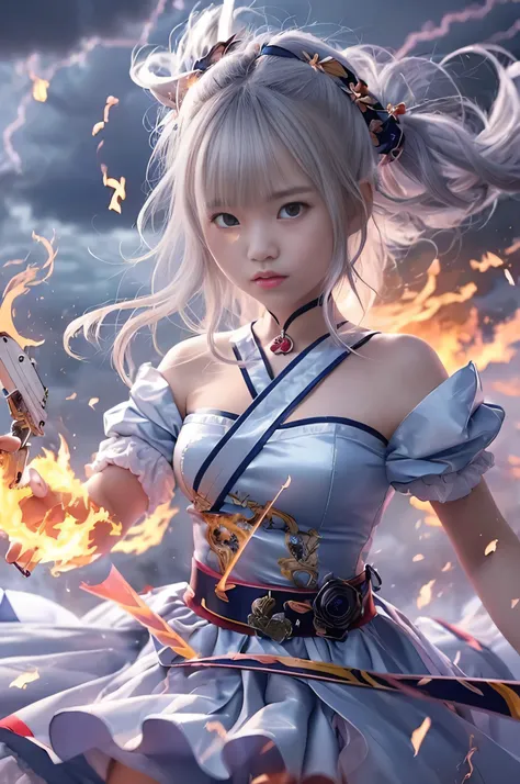 (RAW image quality:1.4), 1 girl, 15 years old, Japanese, On the Stormy Battlefield, A woman wearing a blue and white lolita costume、Wield a weapon infused with the power of the Fire Element.(( lightning danced next to her)), Reflecting the strength of her ...