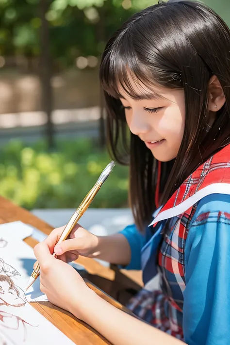 A junior high school girl sketching with a brush