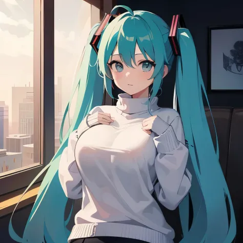 Hatsune Miku, huge breast, wear sweater 