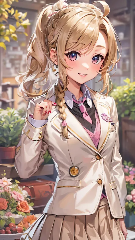 perfect anatomy, masterpiece:1.2, best quality, 8k, beautiful detailed grow, daydreaming expression, ((brown skin)) (solo blonde wavy hair, ponytail, (braid ponytail) cute kawaii girl, hair ribbon, beautiful brown eyes, (happy smile), (beige blazer: 1.2), ...