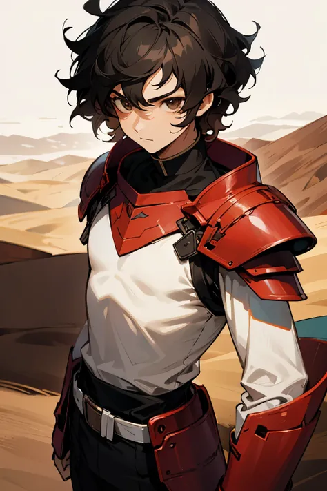 avatar, black hair, short hair, young male, black outfit, white shirt, brown eyes, desert background, wavy hair, red armor piece,