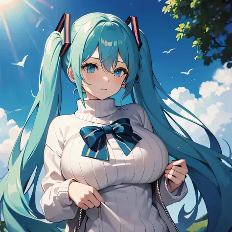 Hatsune Miku, huge breast, wear sweater 