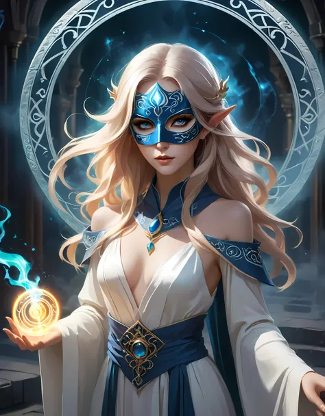 Title: "Veiled Enchantment: Conjuring the Magic Circle with a Masked Mage" | Begin by crafting a masked female mage: standing tall and imposing, her features obscured by an ornate mask adorned with intricate designs. | Design the mages attire: flowing robe...