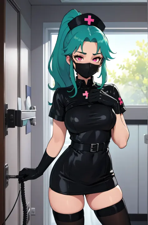 black nurse, 1girl, solo, black nurse cap, black nurse uniform, ((black legwear, zettai ryouiki)), black elbow gloves, ponytail, green hair, pink eyes, ((black surgical mask, covered nose)), standing, ((surgery room)), sharp outline, short sleeves, best qu...