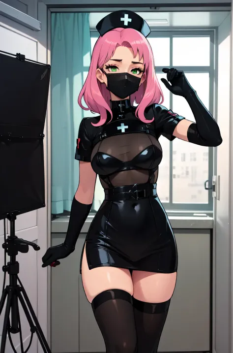 black nurse, 1girl, solo, black nurse cap, black nurse uniform, ((black legwear, zettai ryouiki)), black elbow gloves, pink hair, green eyes, drooping eyes, ((black surgical mask, covered nose)), standing, ((surgery room)), sharp outline, short sleeves, be...