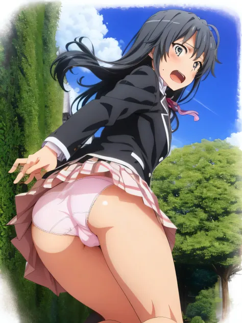 2 girls ,(old high quality) ,Yukinoshita Yukino , Yuigahama Yui , garden,jump , embarrassed face,Low - Angle,school uniform,(check skirt),(The wind flips up my check skirt),(hold check skirt with hand),thighs,(white panties),(pink panties),