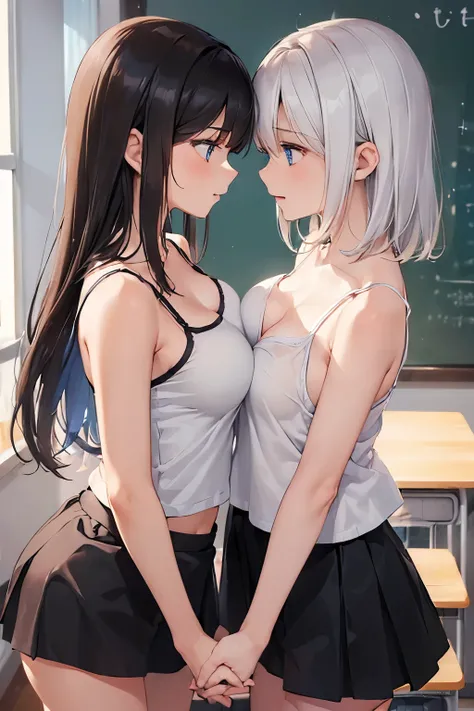 (two women:1.6),(touch each other&#39;s breasts:1.6),best quality, highres,Slender、blue eyes、tall、brown hair、shortcut,straight hair、School、classroom、22 years old、(white camisole:1.5)、(black skirt:1.3)
