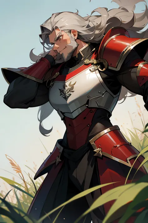 avatar, grey hair, young male, black outfit, white shirt, brown eyes, grass background, curly hair, red armor piece, smirking, muscular, beard,