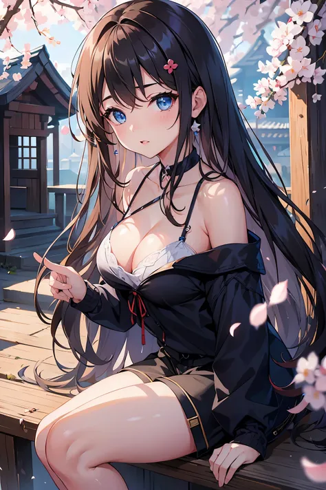 1 female、whole body、bottom angle、brown hair、long hair、well-groomed face、dense lips、blue eyes、blue cardigan、valley、slim、black shorts、cherry blossoms、cherry blossoms吹雪、petal、Kyoto、old buildings、night、full moon、masterpiece、ultra high resolution、delicate、perfe...