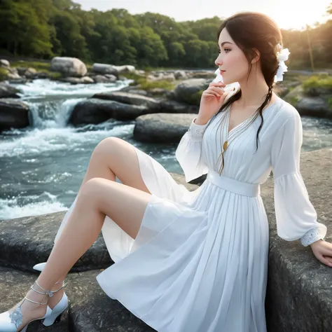 A captivating beauty, clad in pristine white attire, leans casually against a stone wall with a playful smirk as she relieves herself against the riverbank. The pristine whiteness of her clothing contrasts beautifully with the rich, natural tones of the su...