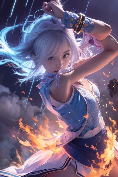 (RAW image quality:1.4), 1 girl, 13 years old, Japanese, On the Stormy Battlefield, A woman wearing a blue and white lolita costume、Wield a weapon infused with the power of the Fire Element.(( lightning danced next to her)), Reflecting the strength of her ...