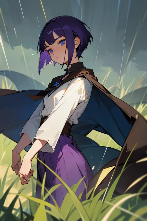 avatar, purple hair, young female, grass , brown cape, blue eyes, white shirt, short hair, raining,