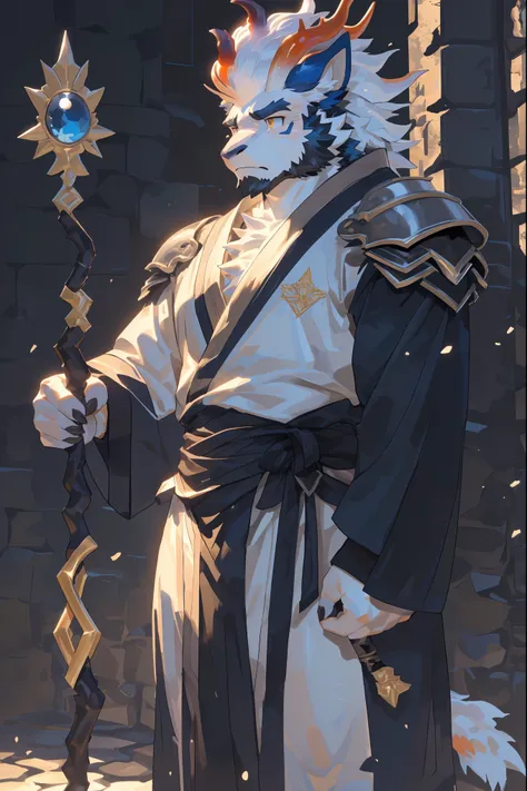 (Kirin:1.5),(Gorgeous silver battle armor robe:1.5),16k high quality detailed art,(Kirin:1.1), (((white fur:1.8))),(gold white two tone),(Gold and blue different color eyes:1.2),(muscular body:1.2),Handsome,(OK),(perfect face),(Serious majesty:1.1),(golden...