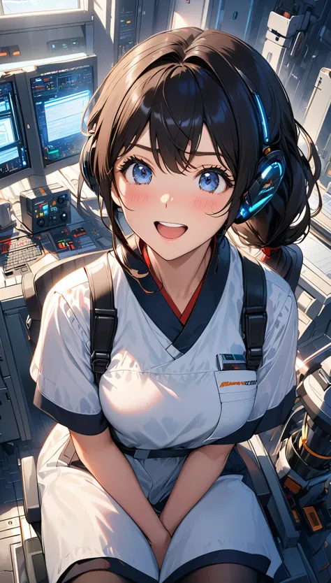 ridiculous resolution, high resolution, (masterpiece: 1.4), Ultra-detailed, A young woman with black hair dressed as a technician, Blushing and excited expression, Sitting in an extremely narrow and closed mecha control room