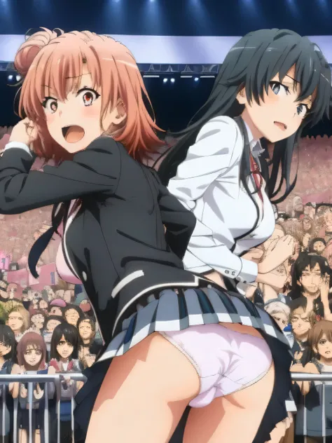 (2 girls) ,(old high quality) ,Yukinoshita Yukino , Yuigahama Yui , stage,crowd , embarrassed face,Low - Angle,school uniform,(check skirt),(The wind flips up my check skirt),(hold check skirt with hand),thighs,(white panties),(pink panties),