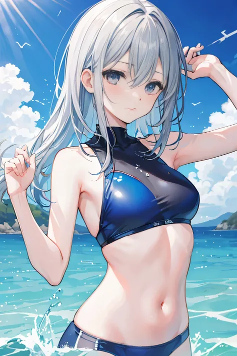 swimming1, destiny archetype, Wawayoshi, bare shoulders, blue sky空, vague, vague background, split, sky, depth of field, gray hair, hair between eyes, hair intake, Raise your hand, medium breasts, navel, Outdoor activities, sky空