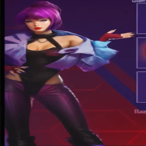 Create a realistic woman, Causian style, purple hair, detailed blue eyes, perfect hands with purple gloves showing black painted nails, black clothes, a red number 8 on the left side of her chest, dark purple pants, white coat, she is demonstrating somethi...