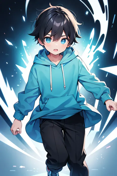 1boy, black hair, blue eyes, wearing plain cyan hoodie with pants, running toward viewer, high res, ultrasharp, 8k, masterpiece