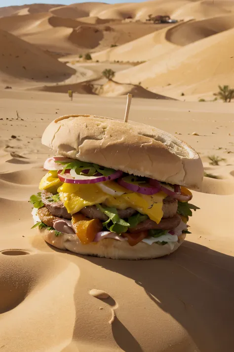 high resolution image of a sandwich, set in a hot desert, with dunes and camels,  and hot sun in the background, high budget advertising, tasty egg sandwich