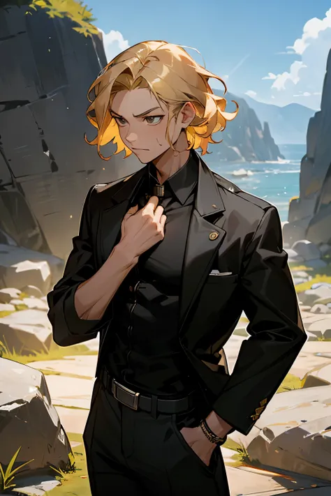 avatar,short wavy hair, black shirt,black jacket, young male, hazel eyes, sunlight, blonde hair, muscular, rock terrain 