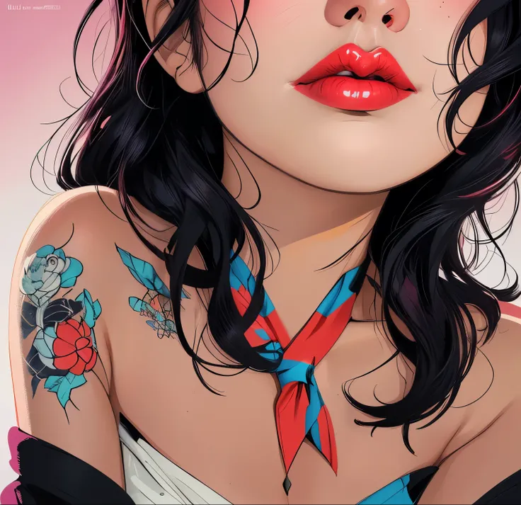 there is a woman with a red lipstick and a tie on, inspired by Harumi Hironaka, satoshi kon artstyle, sexy lips, inspired by Sandra Chevrier, thick lips, ilya kuvshinov. 4 k, luscious lips, closed lips, beautiful comic art, art of alessandro pautasso, sedu...