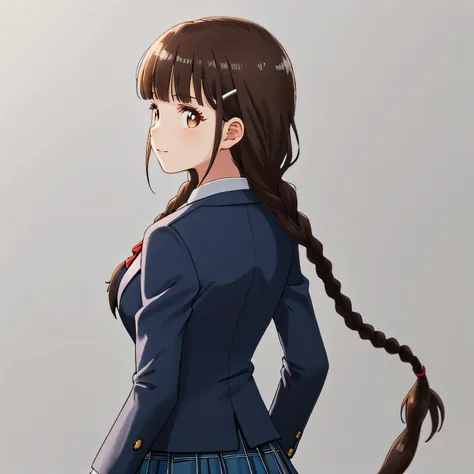 highest quality, (masterpiece:1.2), very detailed, 1 girl, (((dark brown very long２two braids))), 15 years old, big shiny hair clip, school uniform, Dark blue and navy plaid skirt, middle long skirt, luxury navy blazer, ((very shiny hair))、Light makes hair...