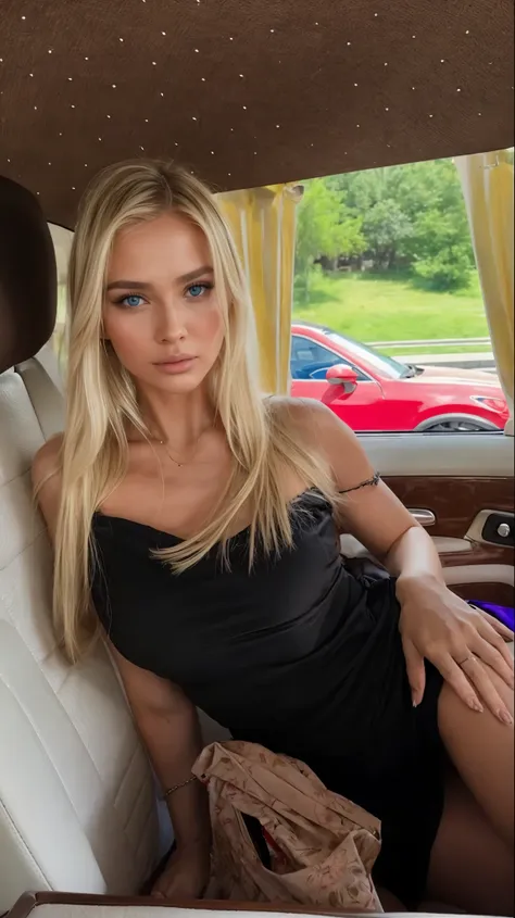 mujer rubia con un vestido negro sentada en un auto con un bolso, yelena belova, modelo de instagram, anna nikonova aka newmilky...