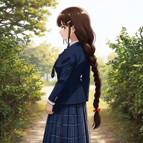 highest quality, (masterpiece:1.2), very detailed, 1 girl, (((dark brown very long２two braids))), 15 years old, big shiny hair clip, school uniform, Dark blue and navy plaid skirt, middle long skirt, luxury navy blazer, ((navy blue big shiny school ribbon ...