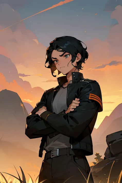 avatar,short wavy hair, grey shirt,black jacket, young male, hazel eyes, sunset, black hair, muscular, rock terrain, grass background, fire, arms crossed