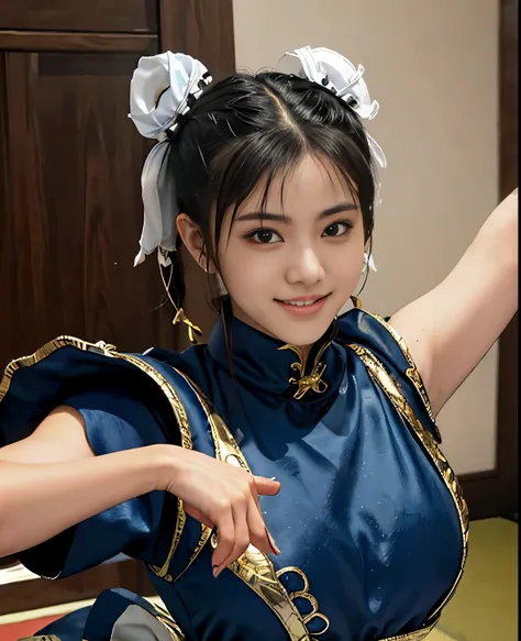 (highest quality:1.2),(perfect beautiful face:1.2),(perfect and beautiful posture:1.2),(japanese woman:1.1), twin tail hair,Practicing at the dojo, (Chunky muscular body:1.2),Ultra-high precision photos,clear eyes, (ChunLi:1.2),(smile:1.3)