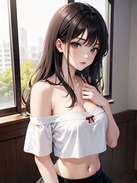 best quality, highres,1 woman,Slender、small face、brown eyes、tall、In town、black hair BREAK、long hair、(white short sleeve t-shirt:1.4 BREAK)、(black skirt:1.2)、(beautiful woman:1.5)、25 years old、Mature、midriff peek,(off-the-shoulder:1.3)、(I can see the cleava...