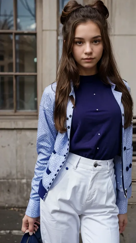 Teenager girl, age 16, brown wavy long hair with buns. Dotted shirt in purple and blue, dark blue jacket and white pants.