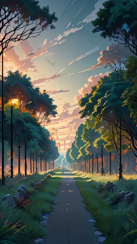 a straight forward road go through a grass field, at the side street lights and few trees are present.