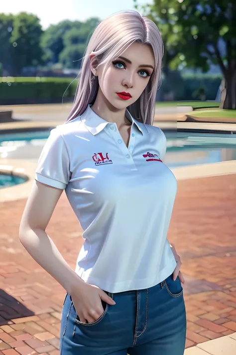 night,moonlight,1 girl,(White polo shirt:1.4),(casual pants),Outdoor activities,  (standing posture),grace,(((red lips))), Lips slightly open,  clavicle,(huge breasts:1.3),skin shiny,((8k, original photo, top quality, masterpiece)), HD RAW color photos pro...