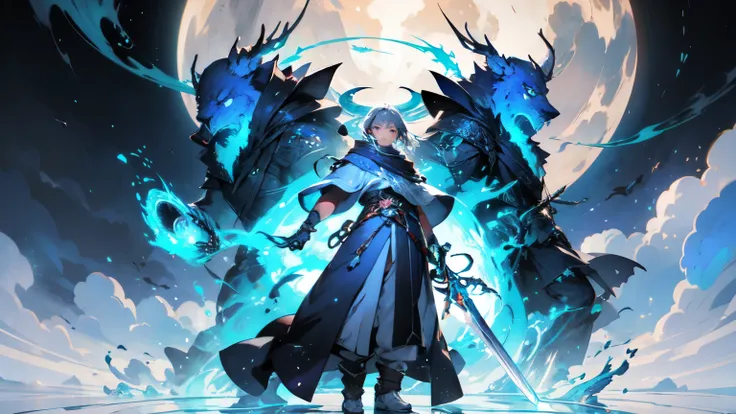 Warrior on the left side with a sword, Mage on the right side holding blue glowy orb up in hand, background made in theme of sky and clouds, light shades of blue