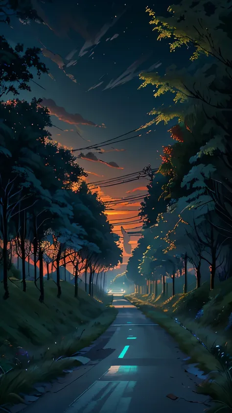 a straight forward road go through a grass field, at the side street lights and few trees are present. at the night time