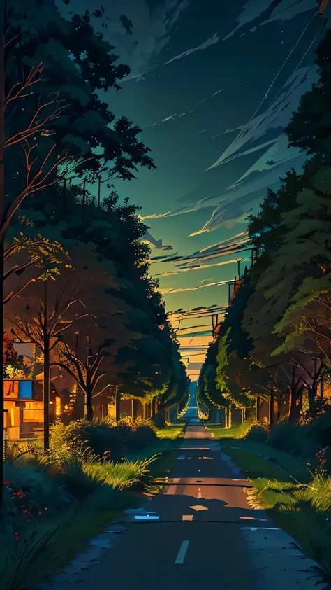 a straight forward road go through a grass field, at the side street lights and few trees are present. at the night time