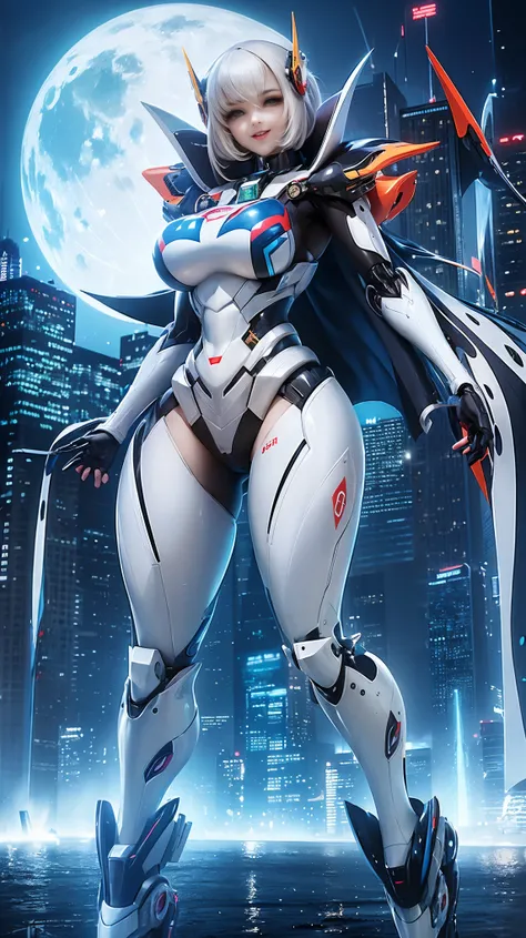 ((Works, best quality, quality)), smiling, excited, Mecha, ((beautiful woman)) in a robot suit standing in front of the city at night, woman wearing Mecha, mecha suit, navel