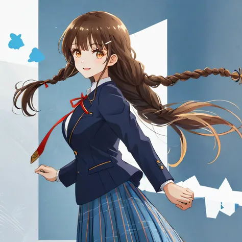 highest quality, (masterpiece:1.2), very detailed, Girl staring at the viewer, Glossy lips that make you want to kiss, nice smile, brown eyes, (((very long dark brown braids))), twin symmetrical braids, 15 years old, big shiny hair clip, school uniform, Da...