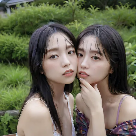 6 year old identical twin sisters, clear facial features, close, happy and golden retriever, black hair, walk on a mountain path...