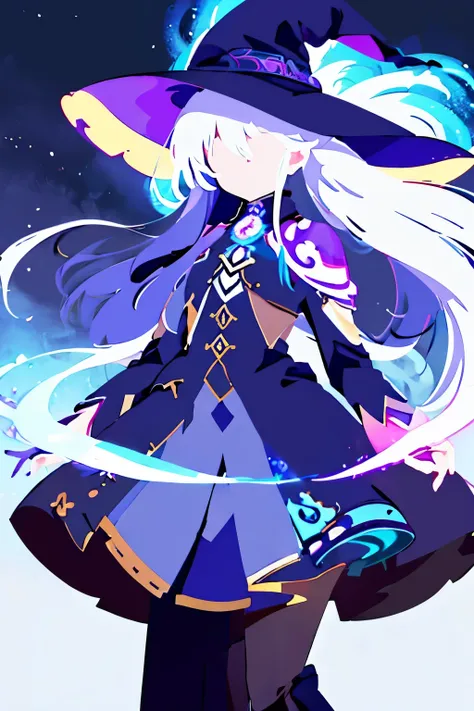 ((magical circle, ancient latters)), bold pose, perfect lighting, a girl with long silver hair wearing a witch hat stands alone ...