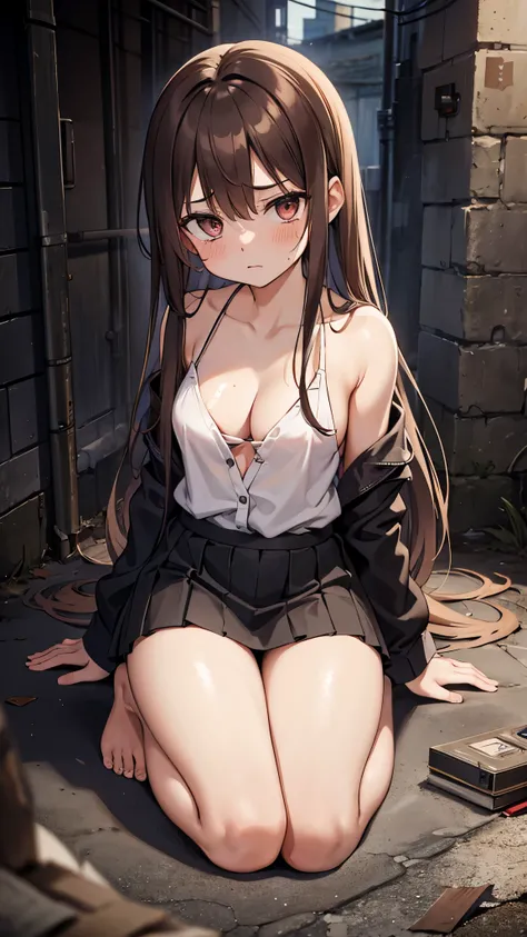 girl, eyes without highlights, brown hair, long hair, kneeling, barefoot, desperate face, straight face, bloody tears, clavicle, cleavage, dirty uniform, slightly torn skirt, back alley, dark atmosphere, nothing expression, humiliation