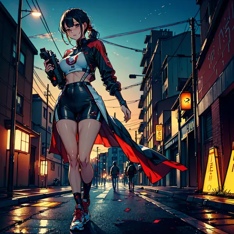 An ultra-realistic and ultra-detailed ((full body portrait)) Intricate (Caucasian) Spy Goddess with dark hair, Sneakers, hearts, Standing Holding And Aiming A Bulky Oversized Silenced Gun, Netrunner, Vigilante, Classy, Sassy, Fantastically Colorful, Futuri...