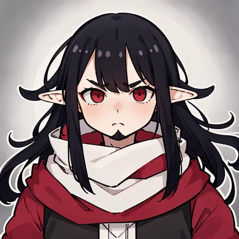 Masterpiece, Best Quality, Ultra-Detailed, 1man, solo, red skin, square face, pointy ears, elf ears, black hair, long hair, (black goatee:1.0), goatee, gray scarf, serious expression, looking side, face shot, white background