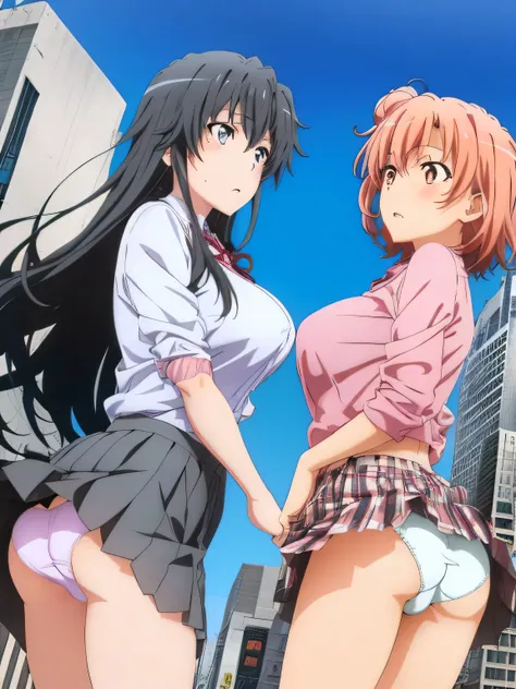 (2 girls) ,(old high quality) ,(Yukinoshita Yukino ,blue eyes), (Yuigahama Yui , brown eyes,big breasts),city street,strong wind,,crowd , embarrassed face,Low - Angle,school uniform,(check skirt),(The wind flips up my check skirt),(hold check skirt with ha...